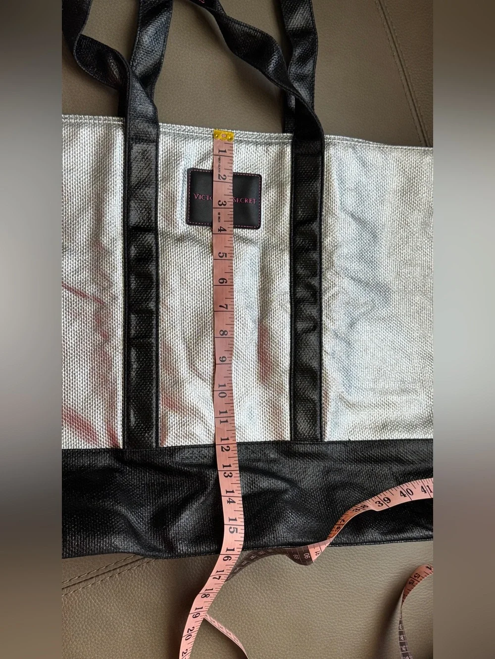 Victoria's Secret Silver Metallic Duffel with Black Trim